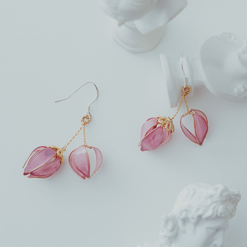 【爱慕-罗兰紫】垂坠耳环 | 水晶花饰品 - 耳环/耳夹 - 树脂 粉红色