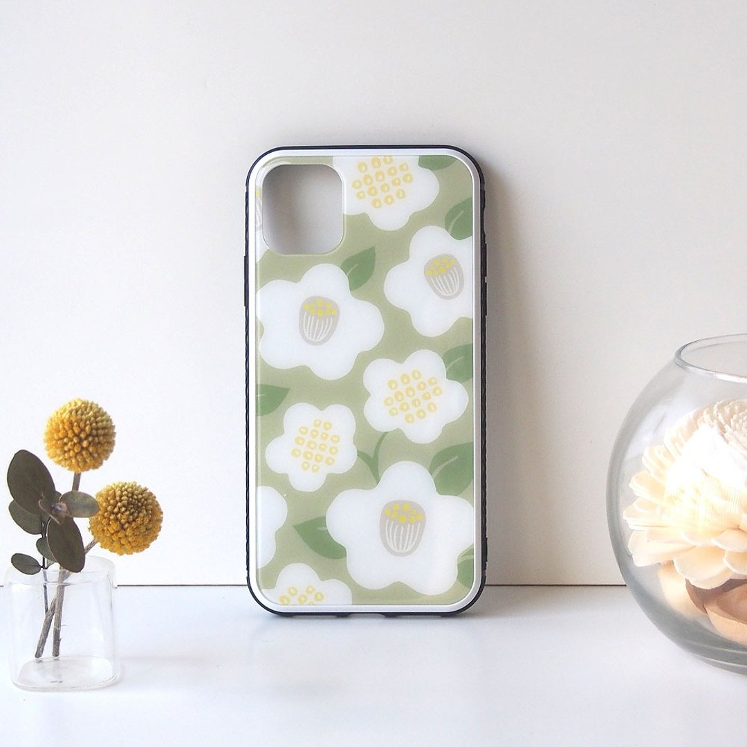 【强化玻璃 iPhone 手机壳】日式现代椿花・米色 - 手机壳/手机套 - 塑料 卡其色