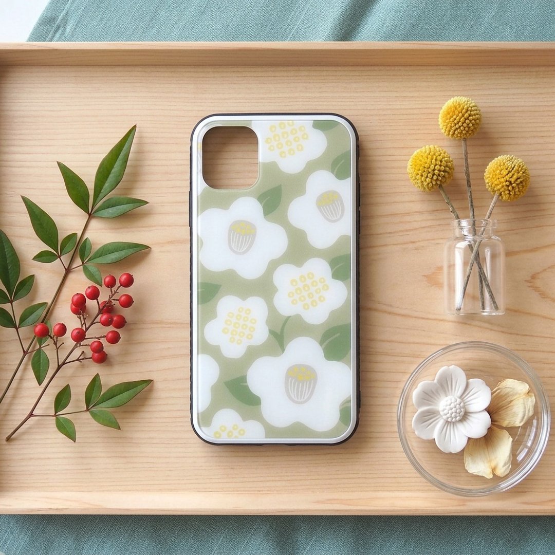 【强化玻璃 iPhone 手机壳】日式现代椿花・米色 - 手机壳/手机套 - 塑料 卡其色