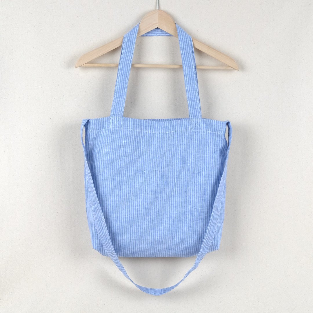 Linen Bag Bluish white stripes (Striped) 3 2 has a shoulder strap. - 侧背包/斜挎包 - 棉 蓝色