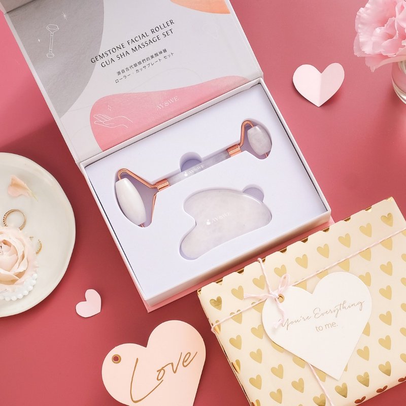 【圣诞节礼盒 l 快速出货】白玉滚轮&美容刮痧片组 l免费礼物包装 - 脸部按摩/清洁工具 - 玉石 白色