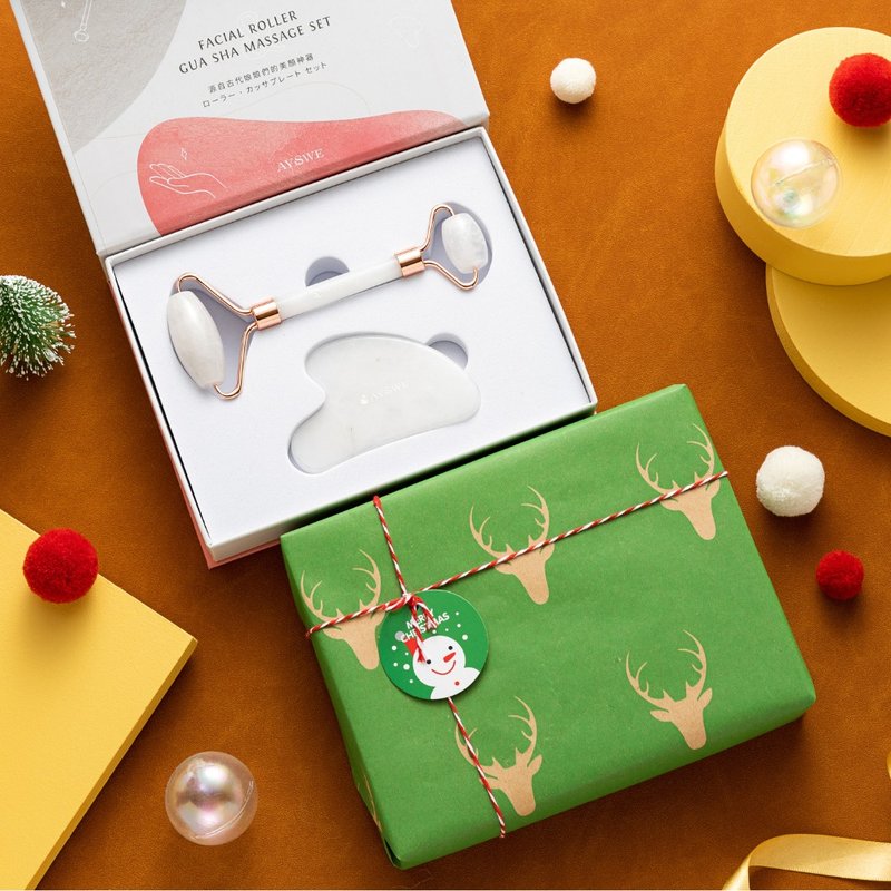 【圣诞礼盒 l 快速出货】白玉滚轮&美容刮痧片组 l免费礼物包装 - 脸部按摩/清洁工具 - 玉石 白色