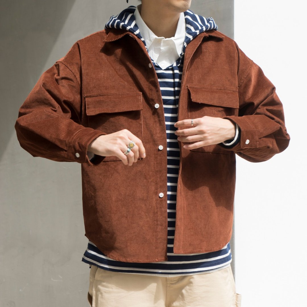 JACKET 秋冬日系外套 復古燈芯絨 休閒寬鬆設計工裝夾克 保暖單品 - 男装外套 - 棉 咖啡色