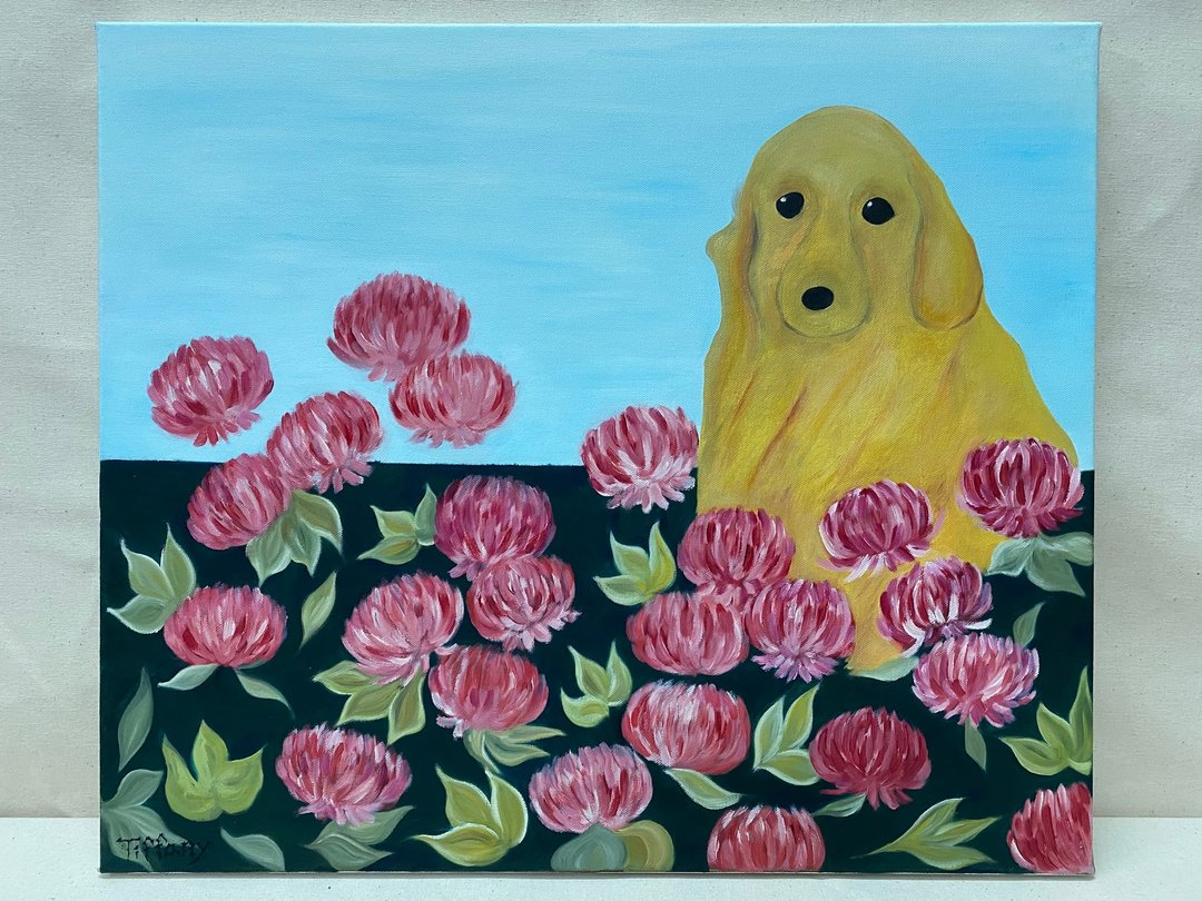 定制化/黄金猎犬与墨菊/油画彩绘/艺术装饰 - 海报/装饰画/版画 - 亚麻 