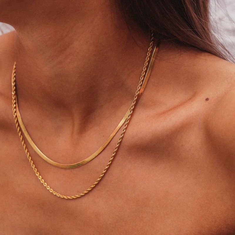 新品! ANJI 18K 镀金 扁蛇双层链 女 吊坠 项链 - 项链 - 不锈钢 黄色