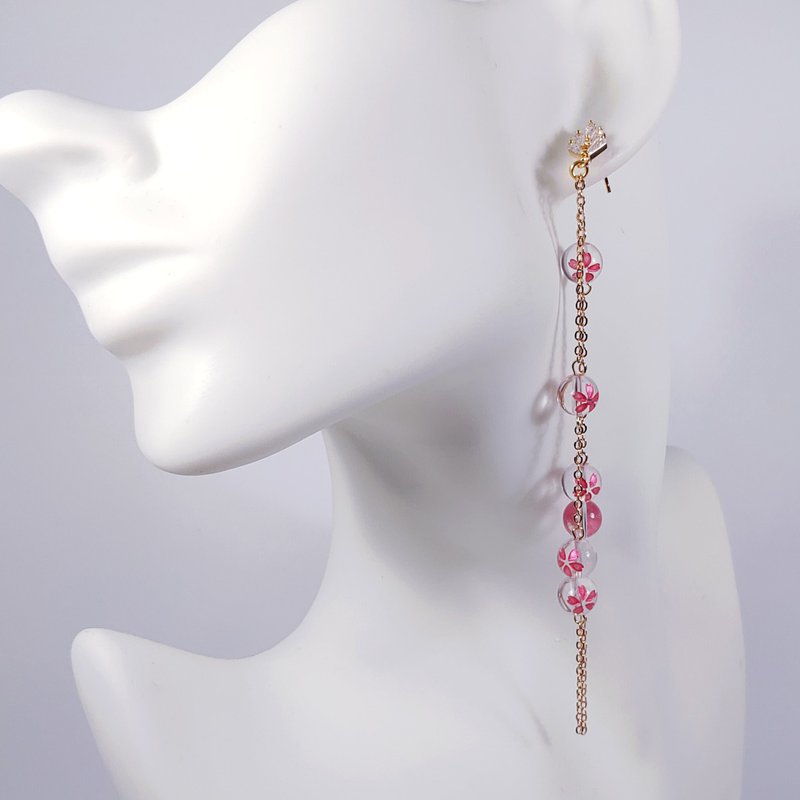 天然净透白水晶 樱花 招财 桃花 情人 长链耳环 单品 礼物 - 耳环/耳夹 - 宝石 粉红色