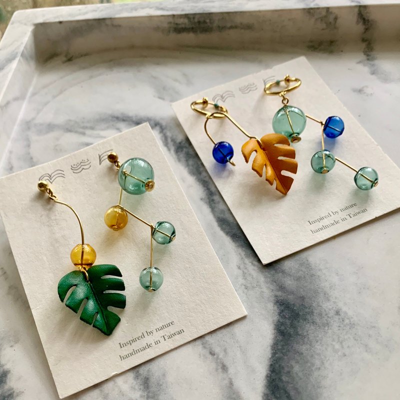 6/2 岛屿拾光・嬷嬷murmur 泡泡龟背芋耳环皮革手染塑型 - 皮件 - 真皮 