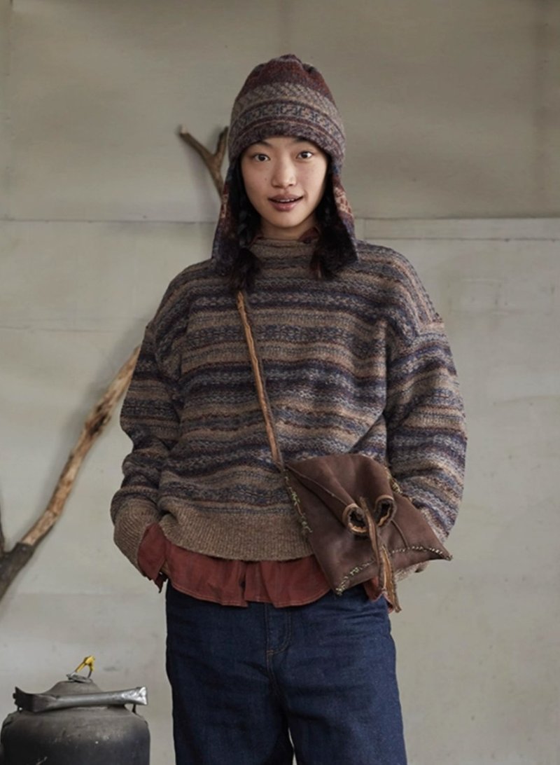 复古文青 寬鬆羊毛条纹针织毛衣 - 女装针织衫/毛衣 - 其他材质 多色