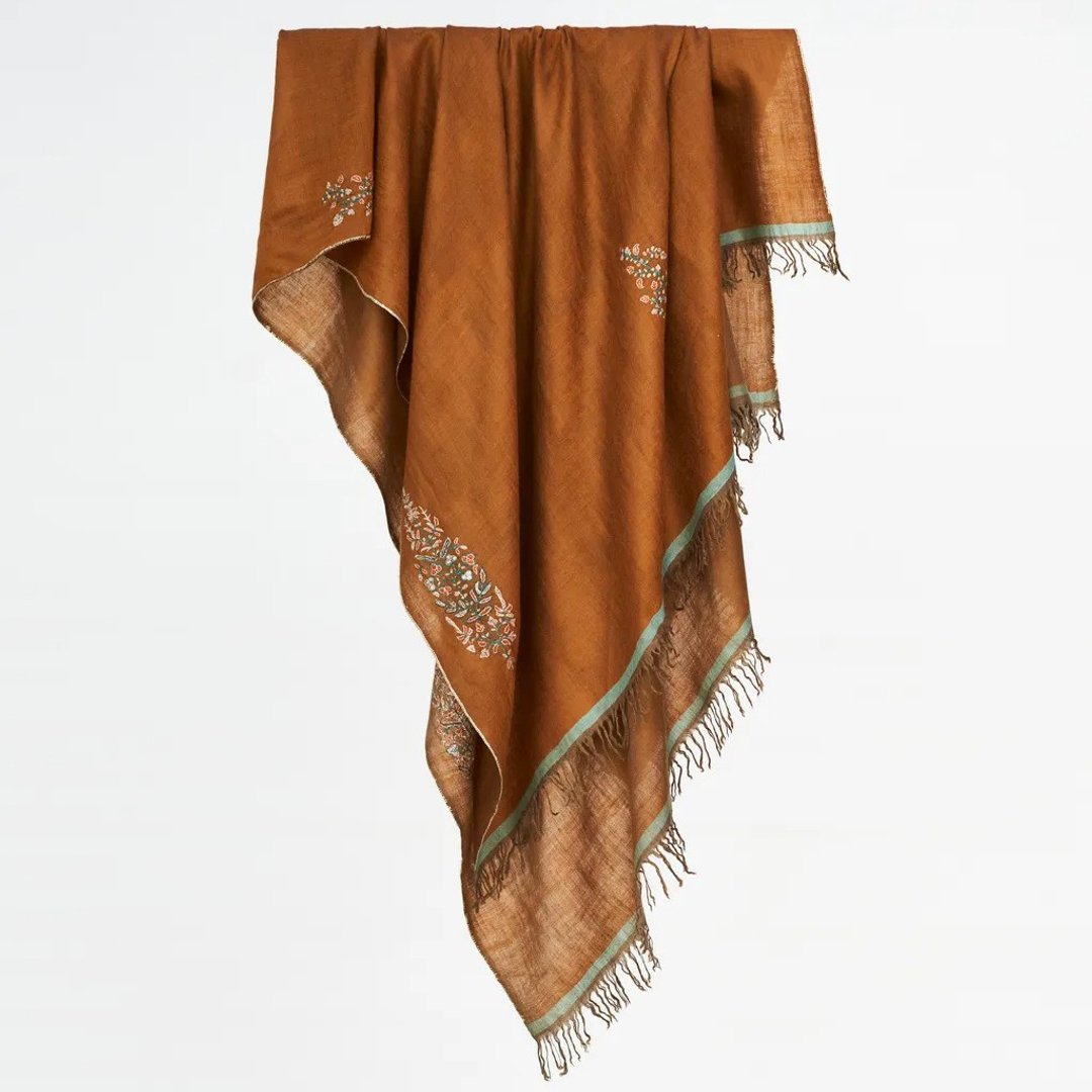 双面柿子色手工刺绣/克什米尔手工披肩100% Pashmina羊绒 - 围巾/披肩 - 羊毛 橘色