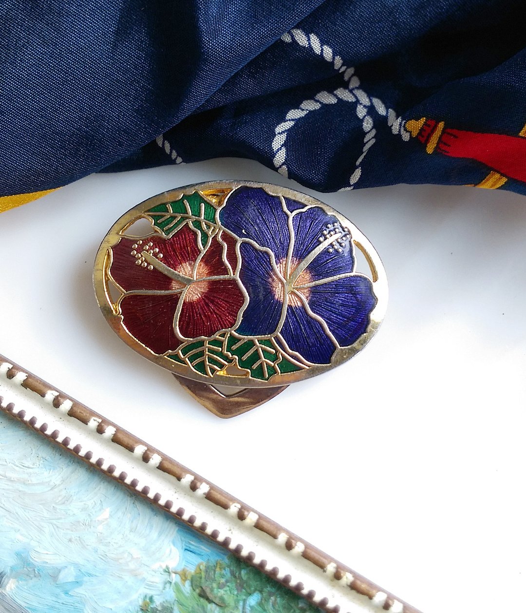 【西洋古董饰品】景泰蓝风格 扶桑花  围巾夹 丝巾扣 丝巾夹 - 其他 - 其他金属 金色