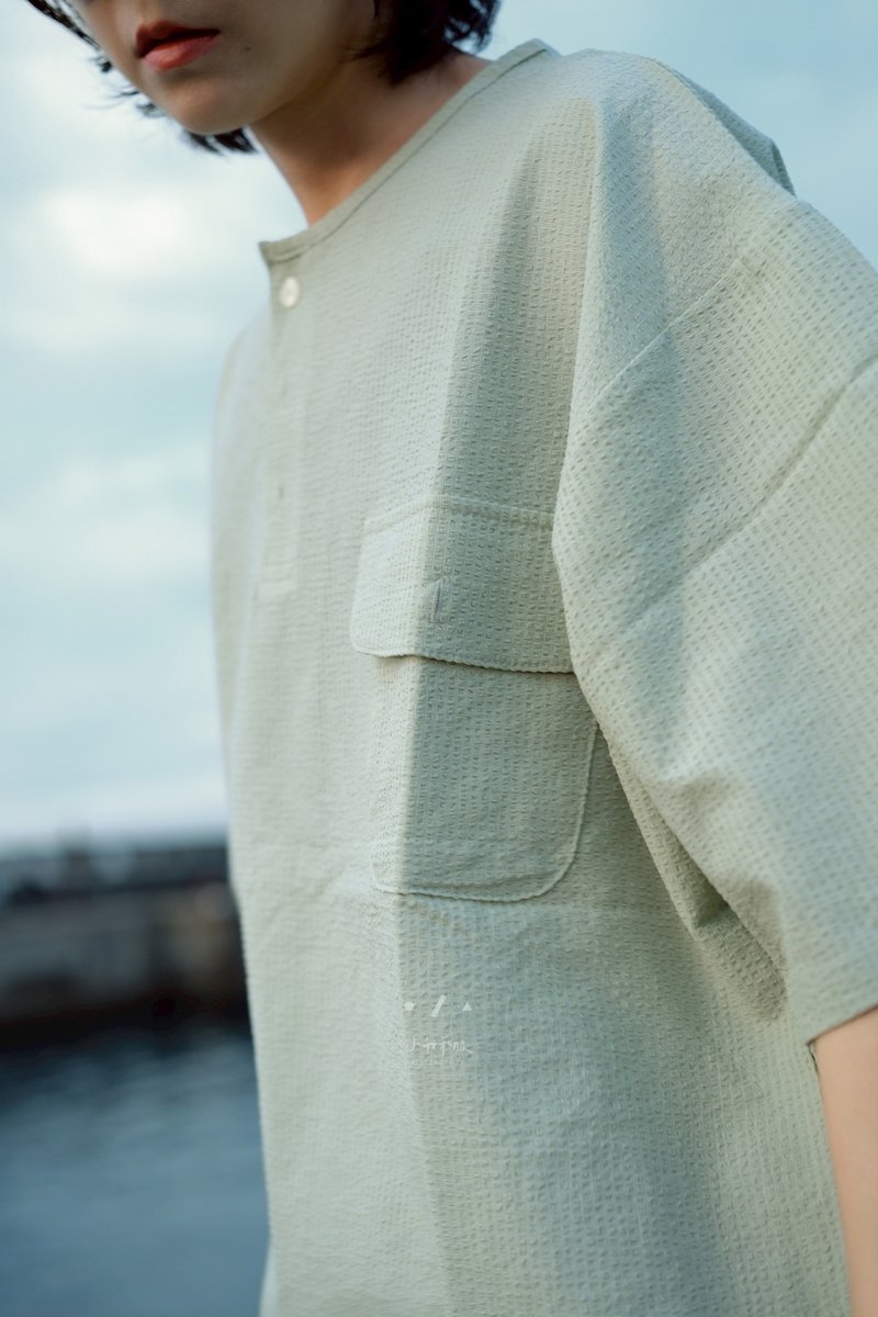 弹珠汽水亨利宽松短袖上衣 - 2色 - 薄荷汽水 - 女装 T 恤 - 棉．麻 绿色