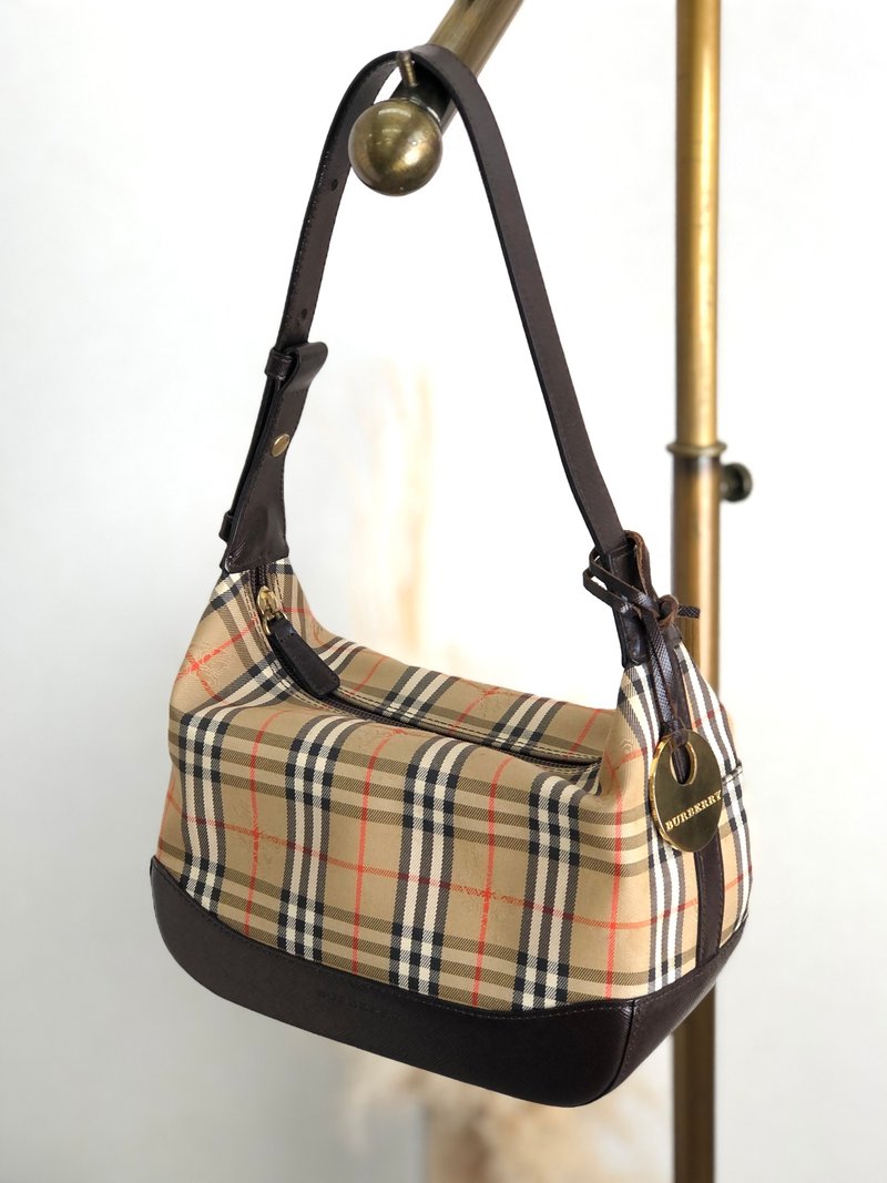 【日本直送，名牌二手包装】BURBERRY 经典格纹单肩包棕吊饰半肩包 n5wkmf - 侧背包/斜挎包 - 真皮 咖啡色