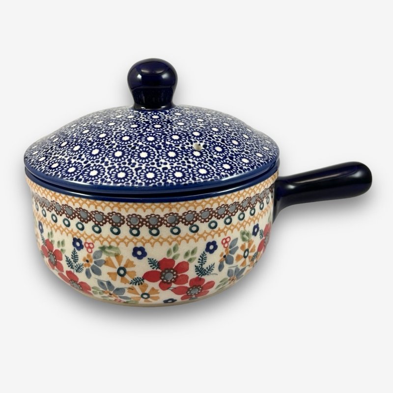 波兰手绘手工陶- 单柄手把锅/汤锅 600ML 褐边红花系列 设计师款 - 盘子/餐盘/盘架 - 陶 卡其色