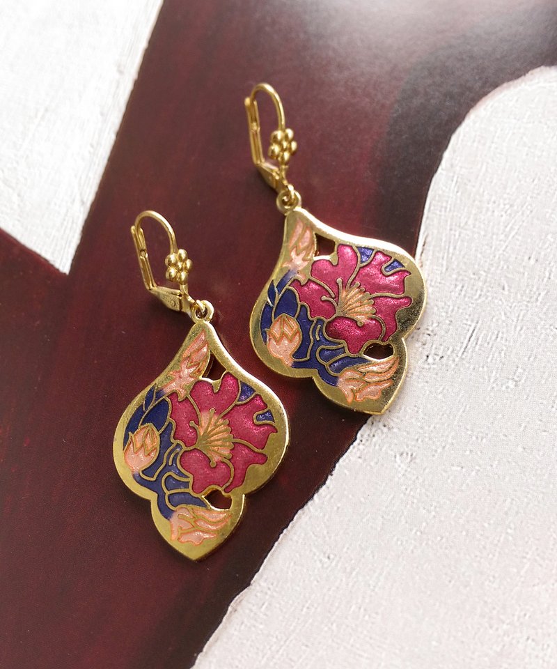 Vintage Jewelry 西洋古董饰品 景泰蓝 花形 紫红花卉 针式耳环 - 耳环/耳夹 - 其他金属 金色
