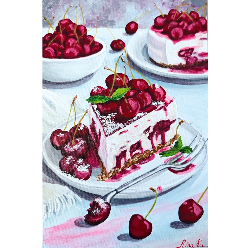 原创樱桃蛋糕绘画 美食艺术 甜点静物 作者  RinaArtSK - 墙贴/壁贴 - 其他材质 多色