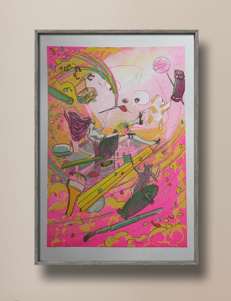 A4 Risograph 原创插画印品。画家与猫耀眼彩虹漩涡3色Riso - 海报/装饰画/版画 - 纸 红色