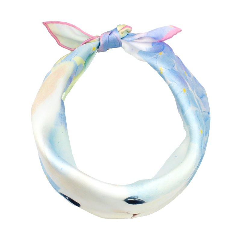 双成记 | 艺术家合作款 | 无尽夏小兔绣球印花真丝缎面小方巾 - 丝巾 - 丝．绢 蓝色