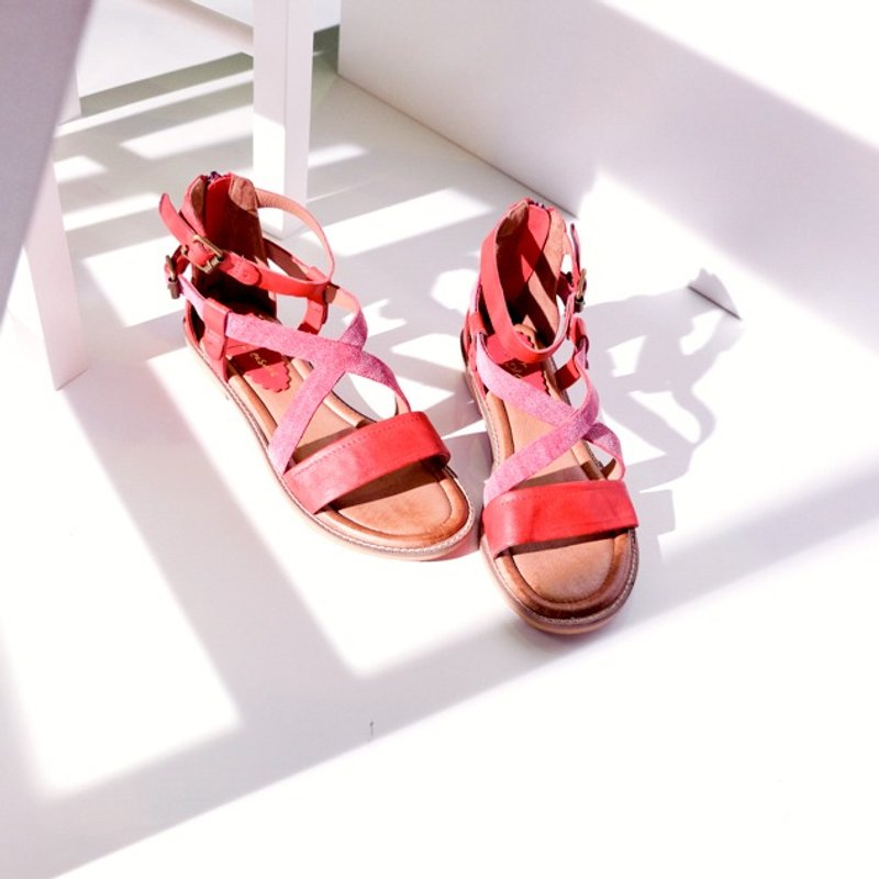 日常小古着!红色-Q弹双拼皮料后拉链凉鞋 全真皮手工制造 - 男女凉鞋 - 真皮 红色