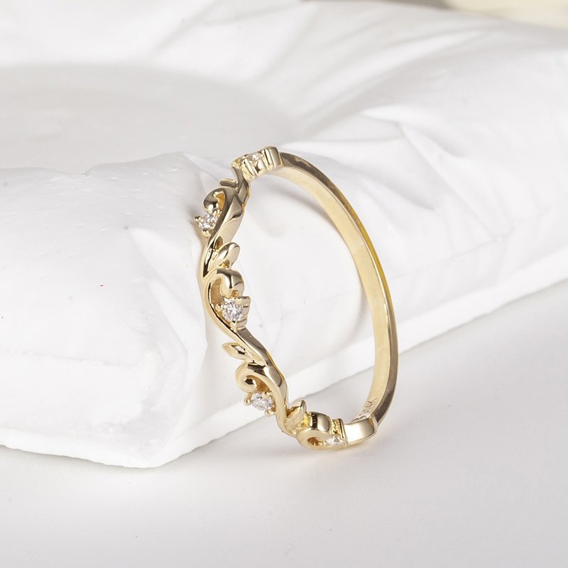 14K莫桑钻自然风格的花朵和叶子的结婚戒指 - 戒指 - 贵金属 金色