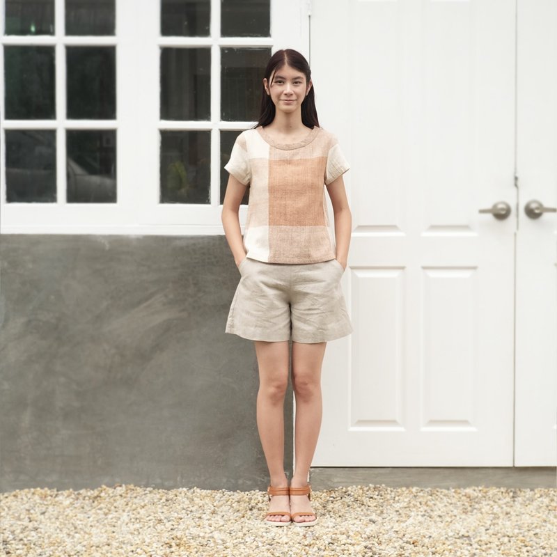 Zen Garden #2 / Tan Plaid  Round Neck Short Sleeve Blouses Hand Woven Cotton - 女装上衣 - 棉．麻 