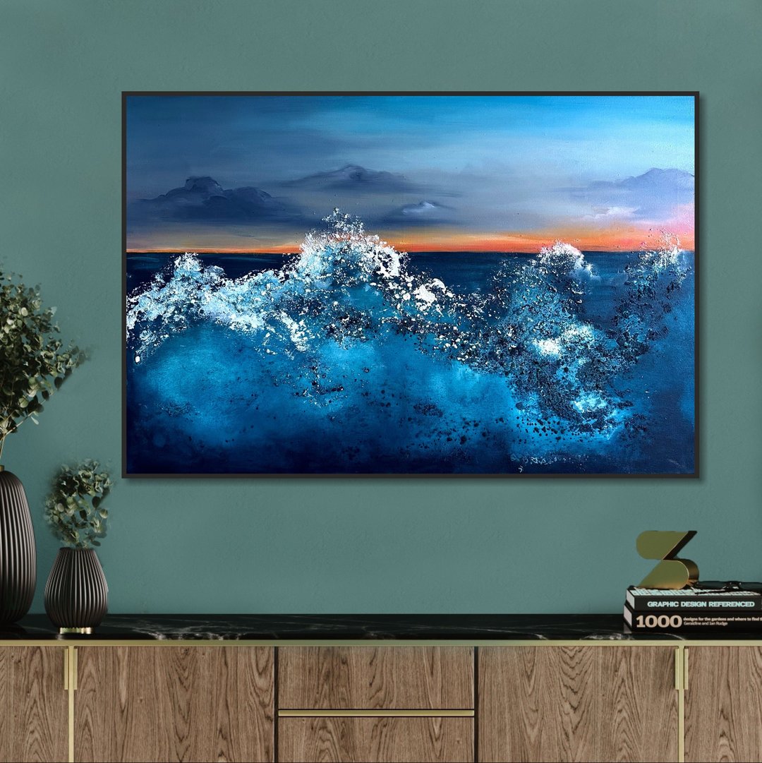 大型抽象阳光海滩画，原创海岸油画 - 墙贴/壁贴 - 压克力 蓝色