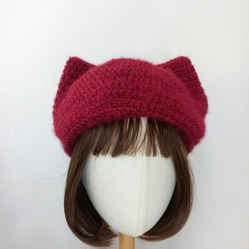 气质红猫耳贝蕾帽 毛线帽  编织帽 - 帽子 - 棉．麻 红色