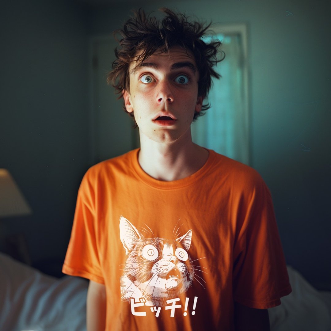 米俗猫-Bitch/凡物制原创幽默搞笑猫咪印花宽松夏季男女款橙色棉T - 男装上衣/T 恤 - 棉 