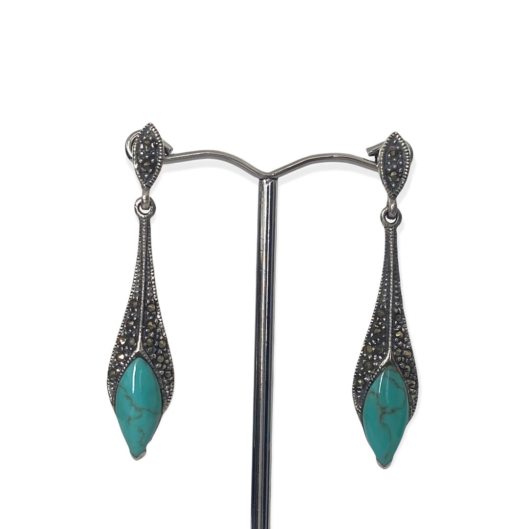 Art Deco Style Long Drop Earrings Turquoise and Marcasite 925 Sterling Silver - 耳环/耳夹 - 纯银 绿色