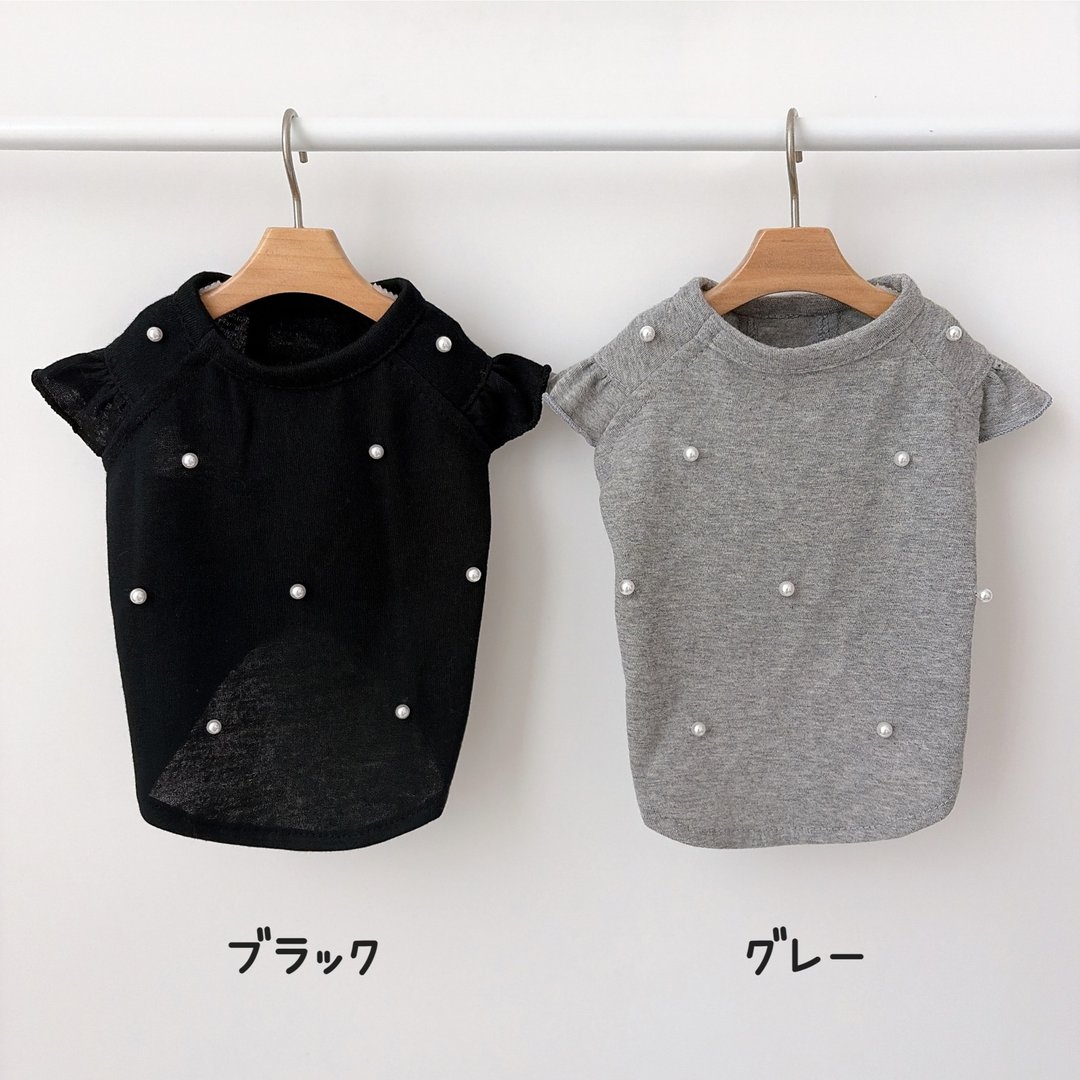宠物服饰・袖口荷叶边珍珠 Tee - 衣/帽 - 棉 多色