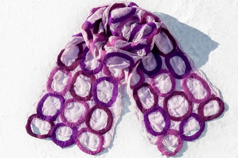 手工羊毛毡丝巾/湿毡丝巾/水彩艺术感围巾/羊毛围巾-桃红草原圆圈 - 丝巾 - 羊毛 粉红色