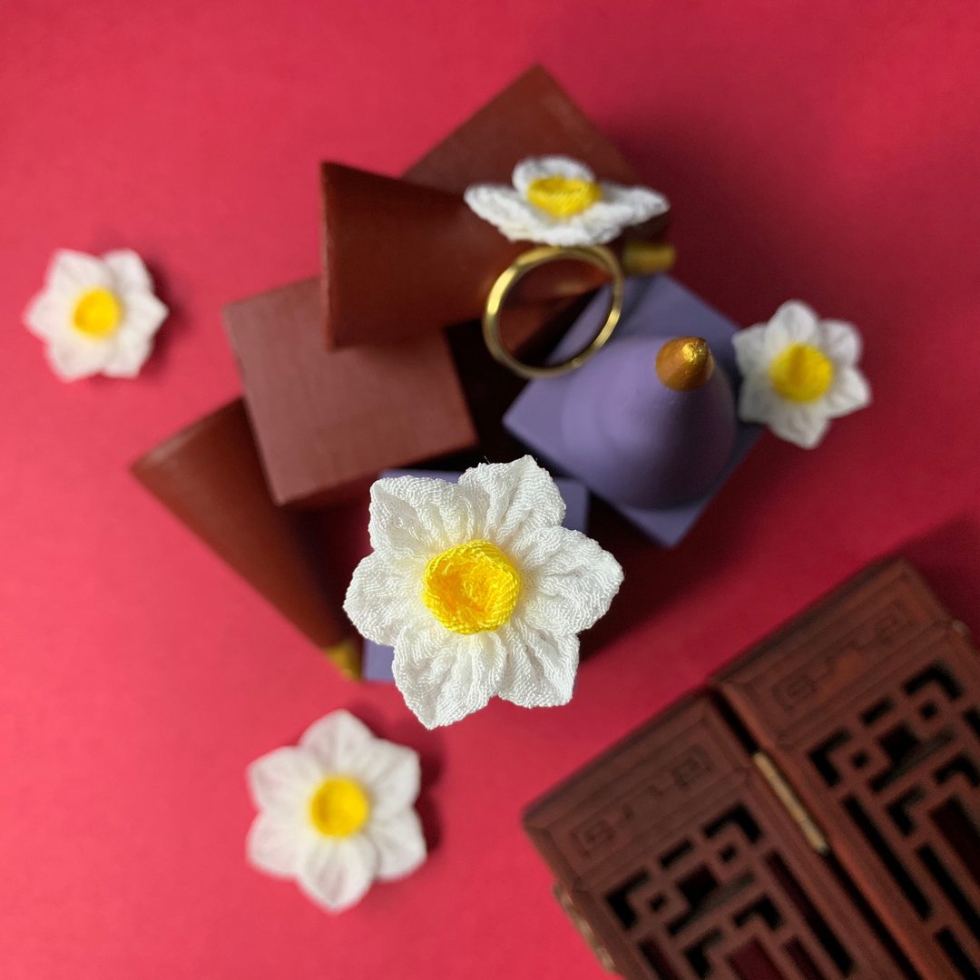 (水仙) 和风布花 戒指 可调节 つまみ细工 - 戒指 - 其他人造纤维 白色