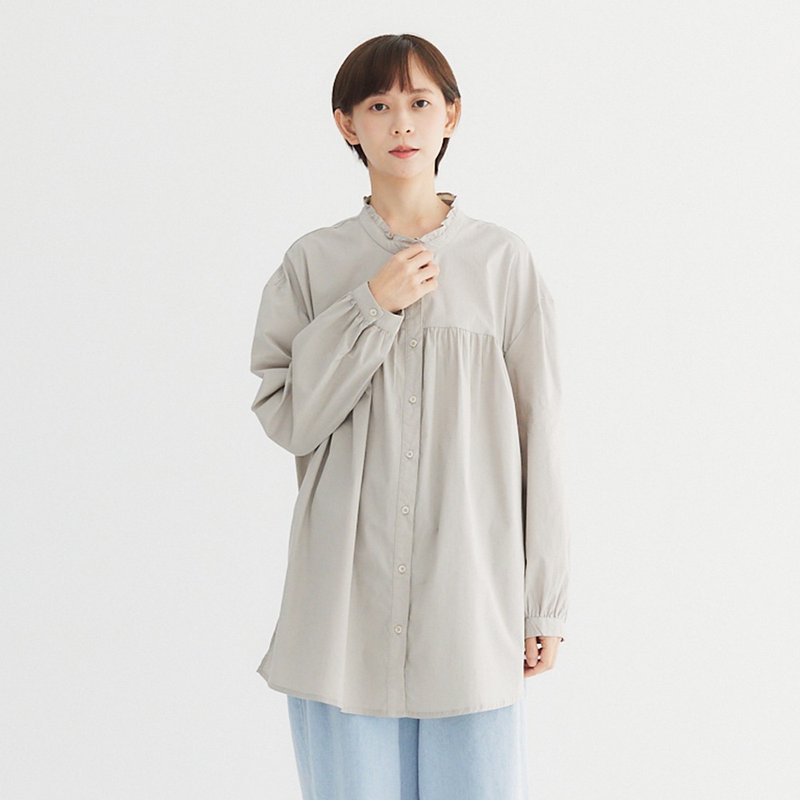 【Simply Yours】花边前压褶长袖衬衫 灰F - 女装上衣 - 棉．麻 灰色