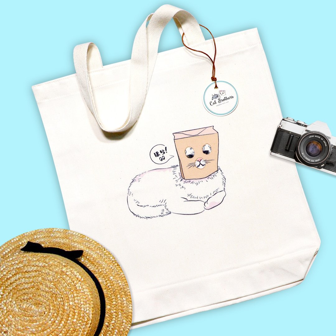 Cat wearing paper bag Tote Bag - Small size, Eco Bag, Cotton Bag, Cat tote bag - 手提包/手提袋 - 棉 白色