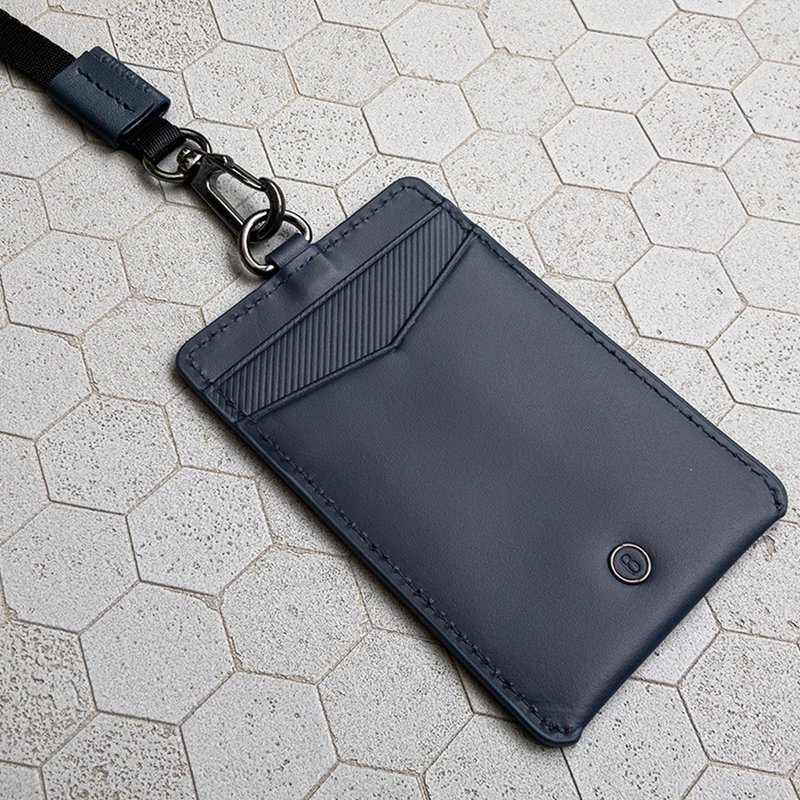 BAGMIO 牛皮直式双卡证件套-蓝 (附织带/雾面视窗) - 证件套/卡套 - 真皮 蓝色