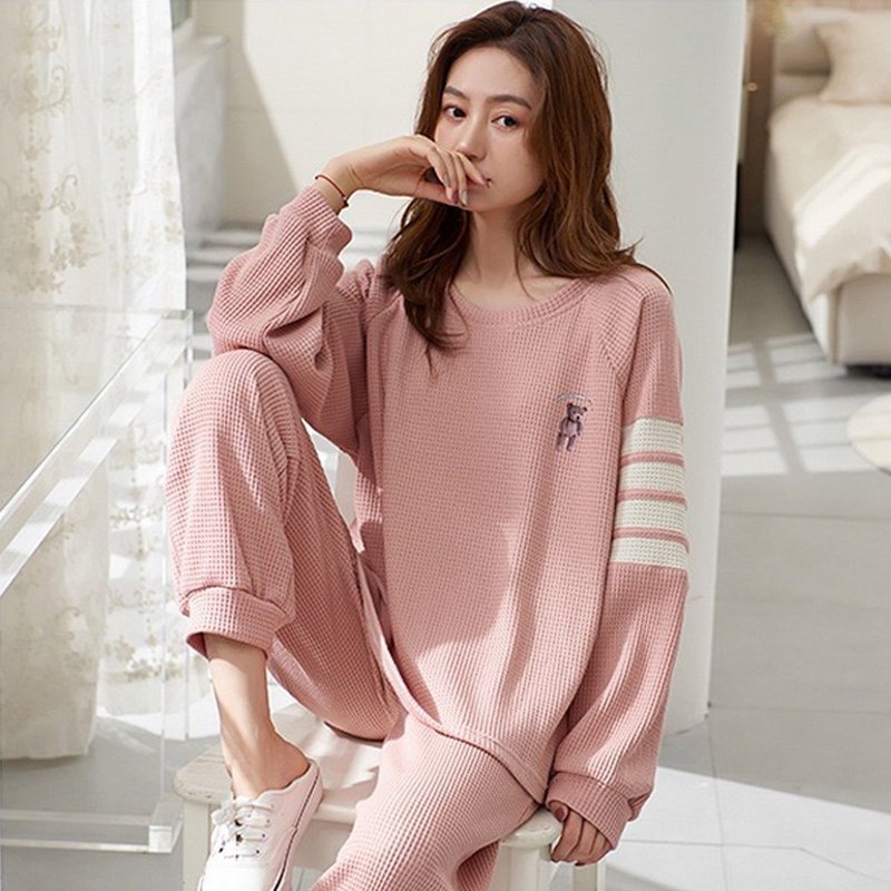 Pink Lady 成套两件式 华夫格长袖睡衣 粉调泰迪 印花棉质居家服 - 居家服/睡衣 - 棉．麻 粉红色