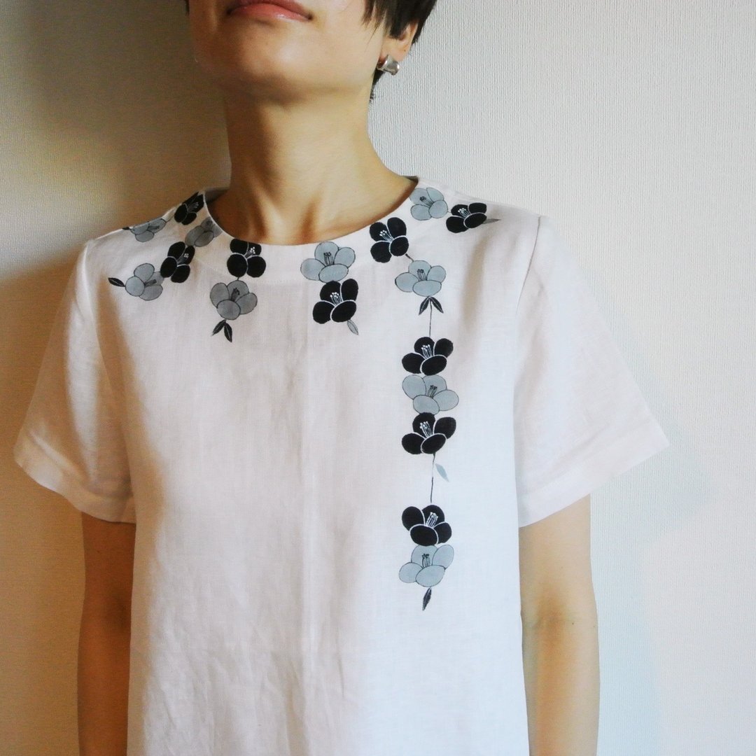 Linen/ short sleeve dress white / camellia - 洋装/连衣裙 - 棉 白色