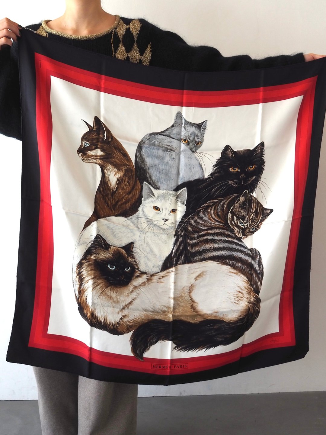 HERMES 爱马仕 LES CHATS 猫咪 图案 丝巾 丝绸 复古 - 丝巾 - 丝．绢 白色