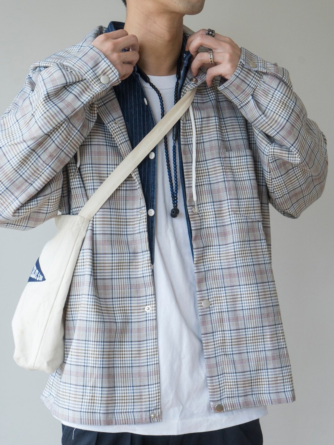 JACKET Oversized 格子教练夹克外套 上身效果超讚 - 男装外套 - 棉 灰色