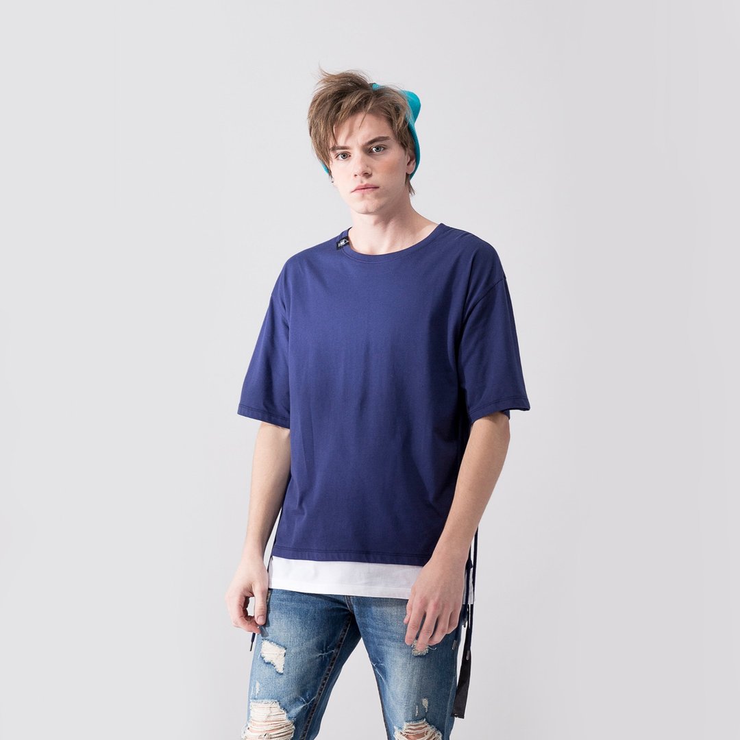 【中性款】 下摆拼接短袖t-shirt / 深蓝色 - 男装上衣/T 恤 - 棉 蓝色