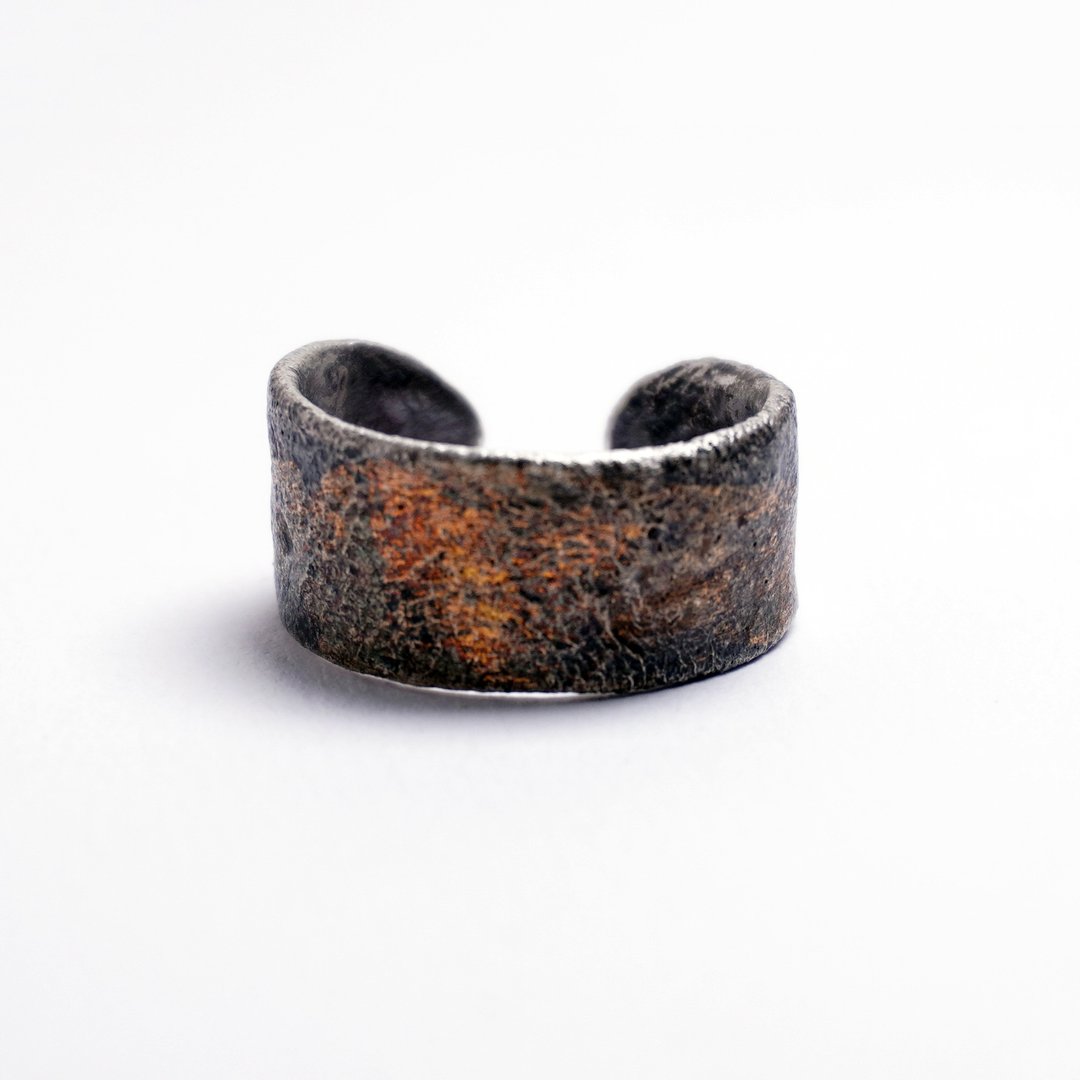 【Coal 系列】#a523 金熔岩戒指 (开放式戒围)/ 925 银/ 手工礼物 - 戒指 - 银 黑色