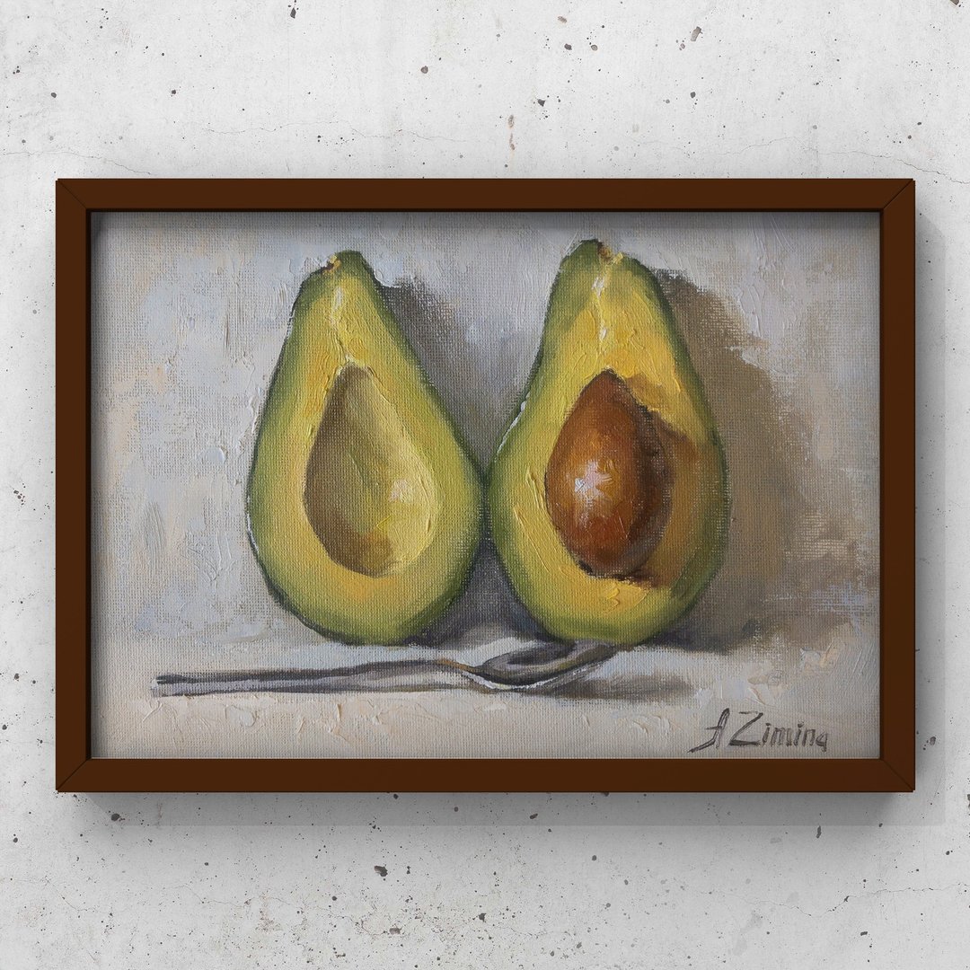 Avocado painting, food oil painting still life, small oil painting for kitchen - 海报/装饰画/版画 - 其他材质 绿色