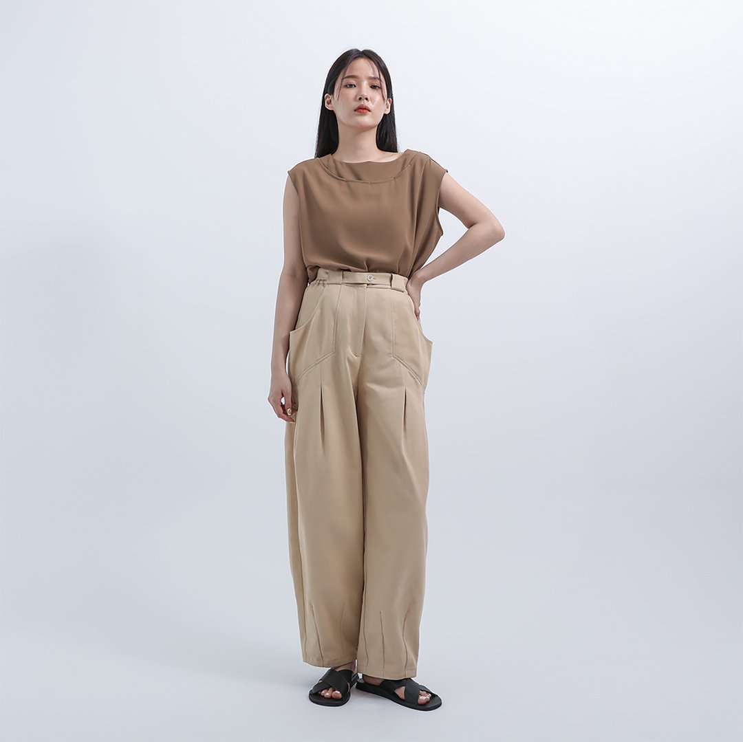 Lingbo_凌波休闲裤_22SF202_卡其 - 女装长裤 - 棉 卡其色