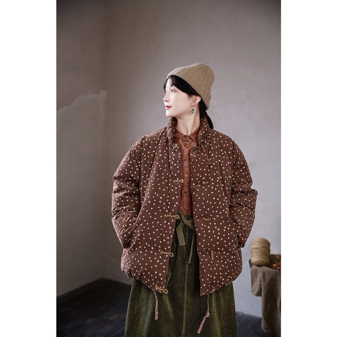 咖色焦糖波点灯芯绒轻中式保暖羽绒服 - 女装休闲/机能外套 - 棉 