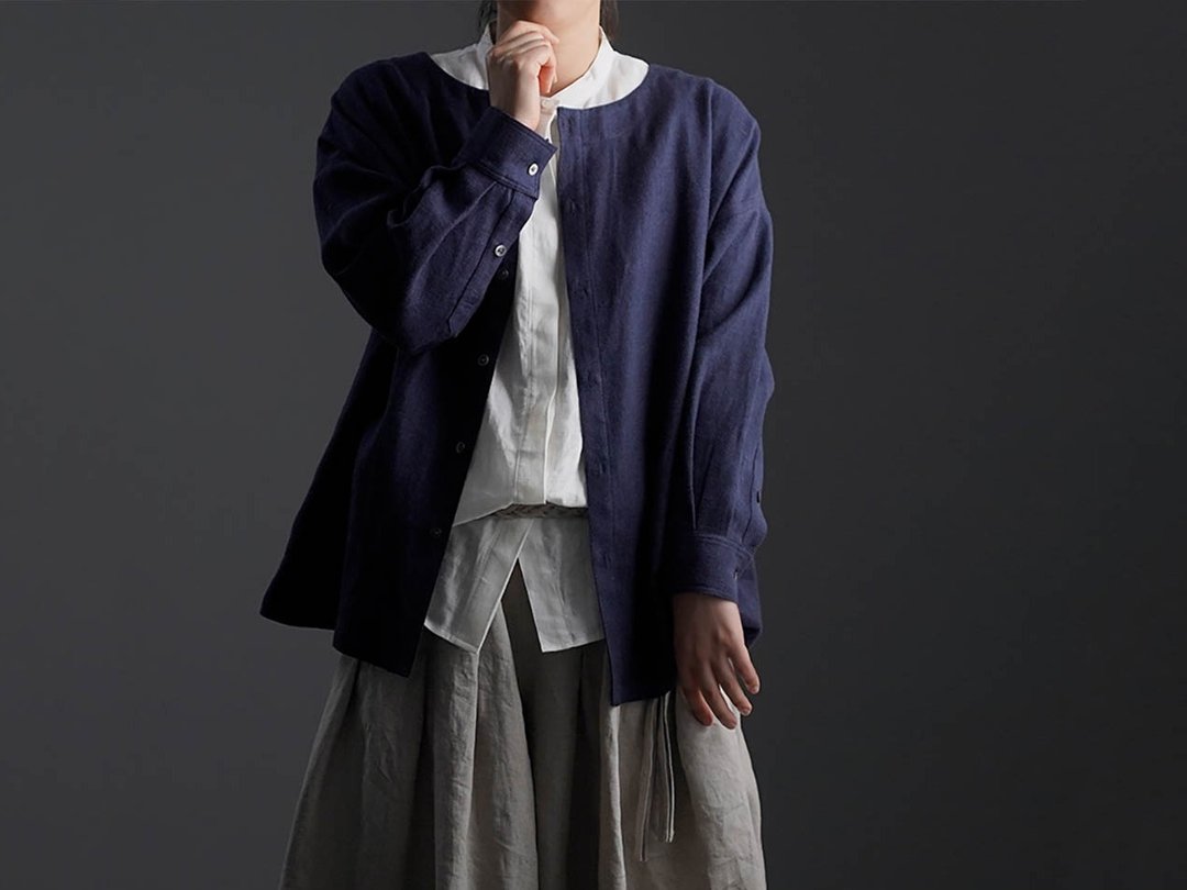 wafu - Brushed Warm Linen Long Sleeve Top and Cardigan / Navy t036c-neb3 - 女装上衣 - 亚麻 蓝色