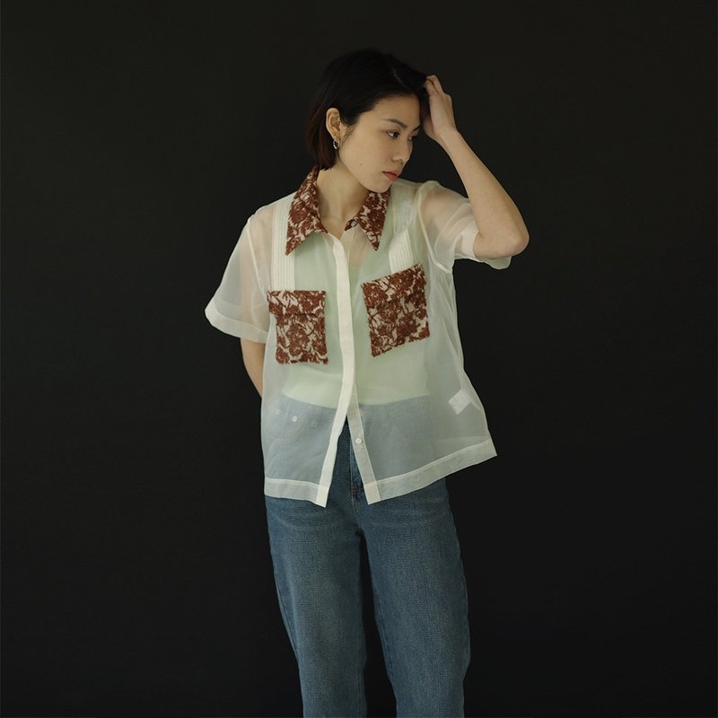 毛茸拼接真丝衬衫 真丝短袖上衣 绒熊质感拼接 - 女装上衣 - 丝．绢 白色