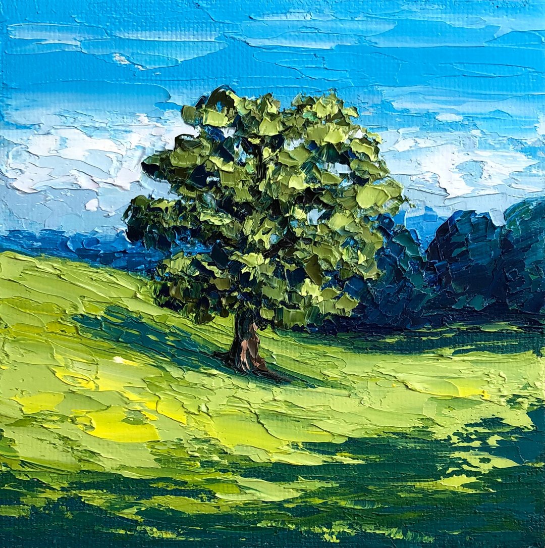 Original Green Landscape Oak Tree Oil Painting Modern Textured Impasto Artwork - 墙贴/壁贴 - 棉 多色