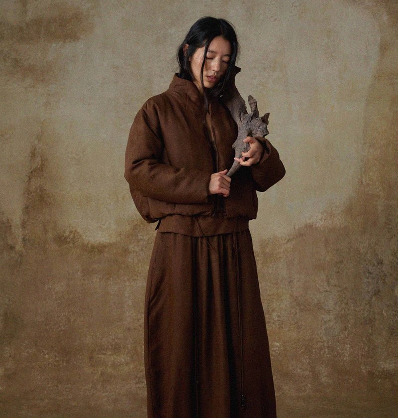 【香云纱】新中式复古 宽松立领/提花羽绒服/半裙 - 女装休闲/机能外套 - 丝．绢 咖啡色