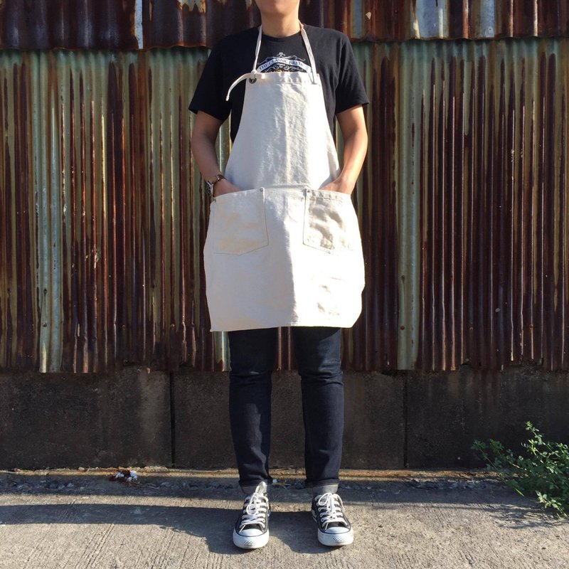 New Off-white Washed Canvas Apron no.05 Silver rivets 2 pockets /garden/barista/ Handmade - 围裙 - 棉．麻 白色