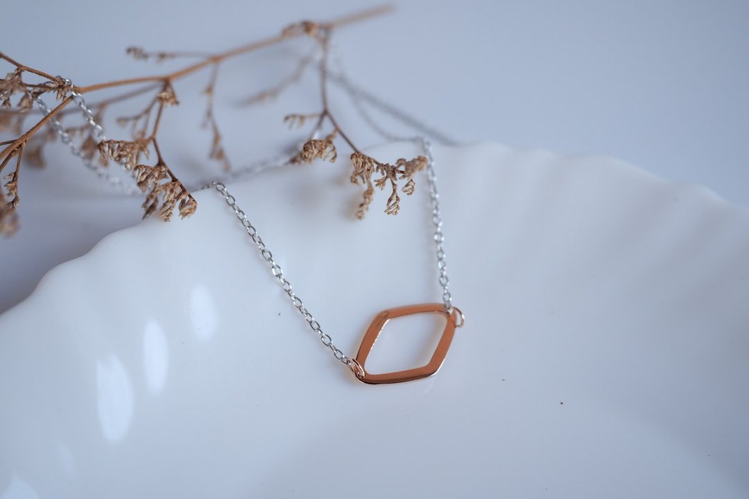 Diamond-shape quadrangle plain sterling silver necklace  - 项链 - 纯银 粉红色