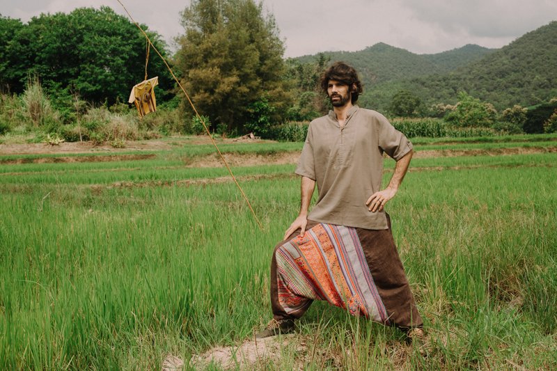 Hemp harem pants with handmade Hmong hand embroidery. One of a kind hemp clothes - 男士长裤 - 其他材质 